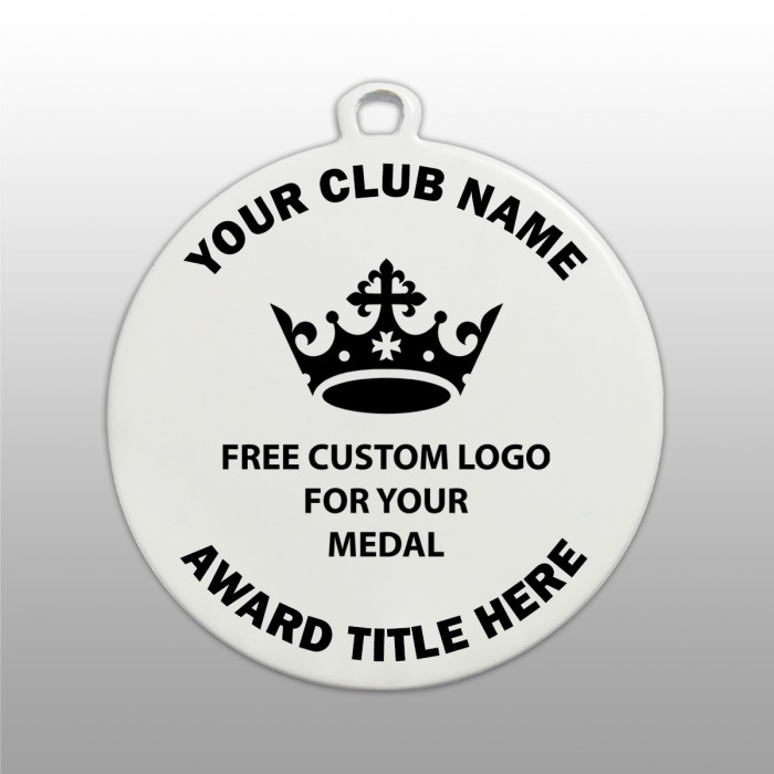 PACK OF 100 BULK BUY 50MM WHITE MEDALS / LOGO & RIBBON WITH DIRECT PRINT LOGO **AMAZING VALUE**